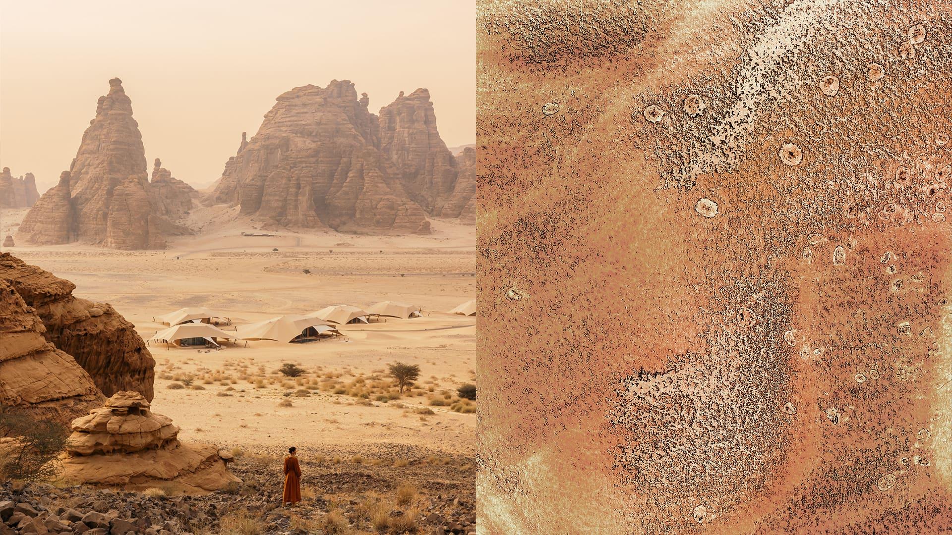 A woman stands in the desert with Banyan Tree Al Ula in the background