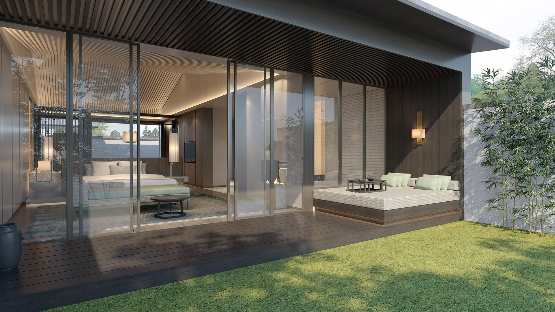 Bedroom view through glass with patio seating at Banyan Tree Quzhou, lush garden outside.