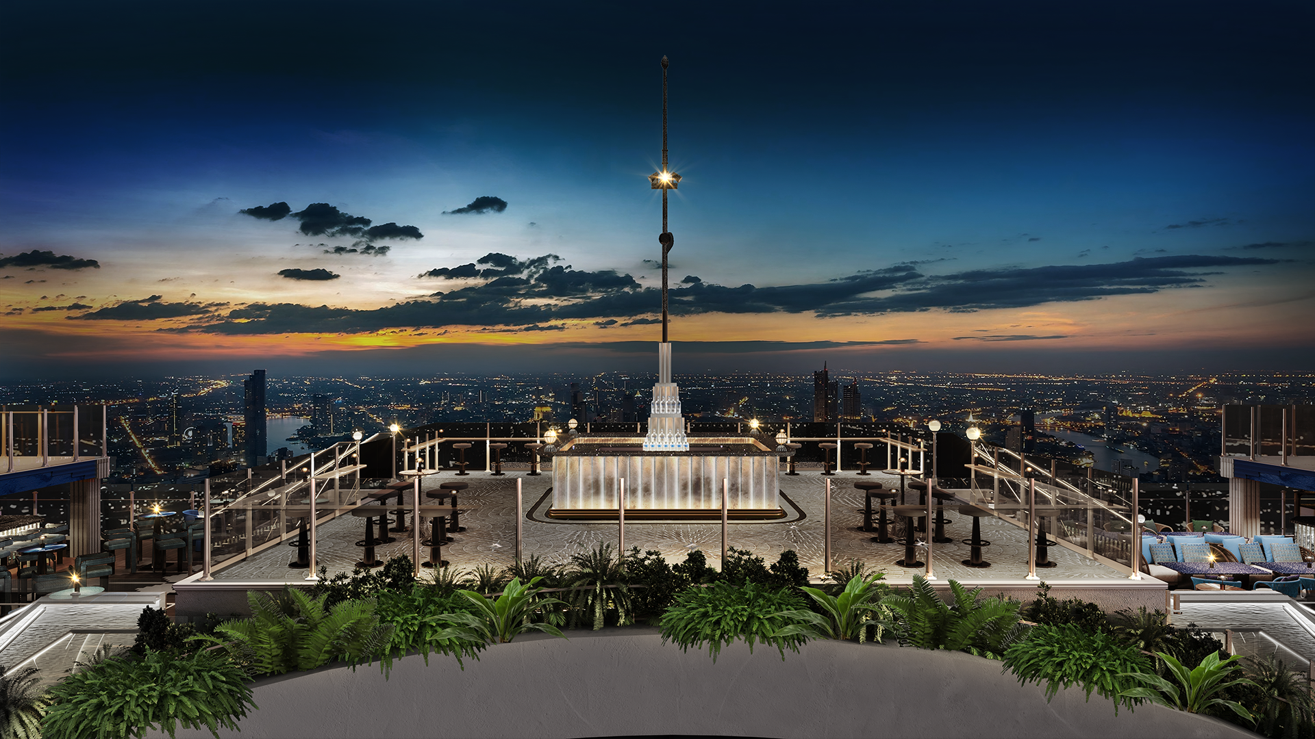 Design rendering of Moon Bar at Banyan Tree Bangkok, with an illuminated rooftop bar, garden planting and sunset city views.