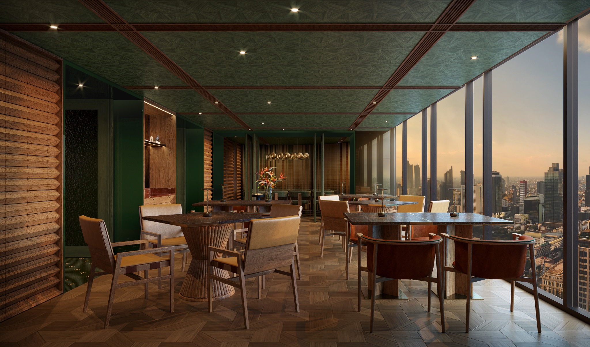 Design rendering of Saffron Signature Thai Restaurant at Banyan Tree Bangkok, with green interiors and sunset city views.