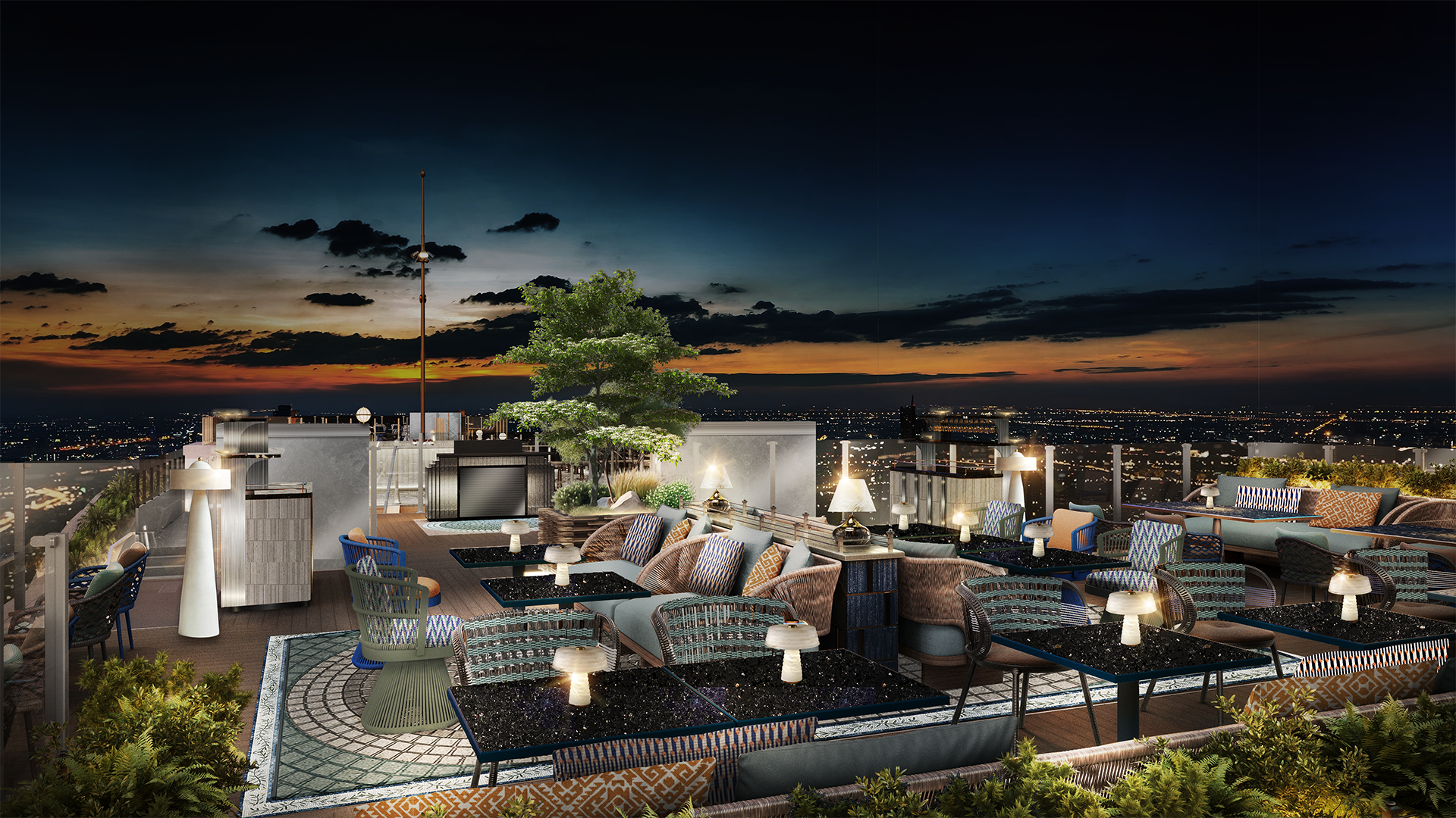 Design rendering of Vertigo rooftop restaurant at Banyan Tree Bangkok, with outdoor tables, greenery and sunset skyline views.